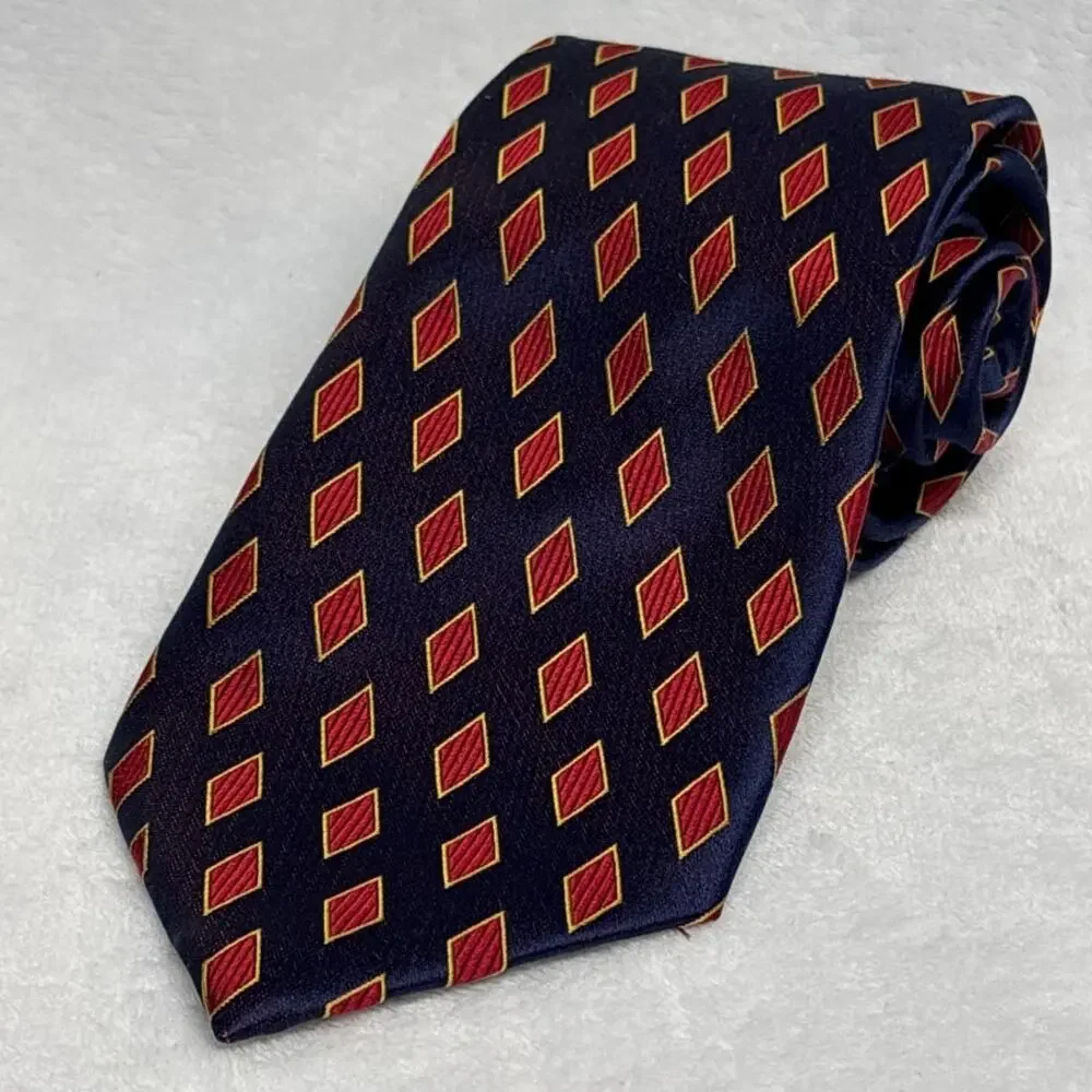 Henry Jacobson Men's Neck Tie‎ Blue Red Yellow Geometric 100% Silk Corpcore